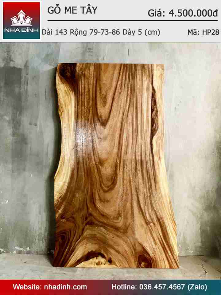 Mặt Bàn Gỗ Me Tây Nguyên Khối Dài 143 Rộng 79-73-86 Dày 5 (cm)