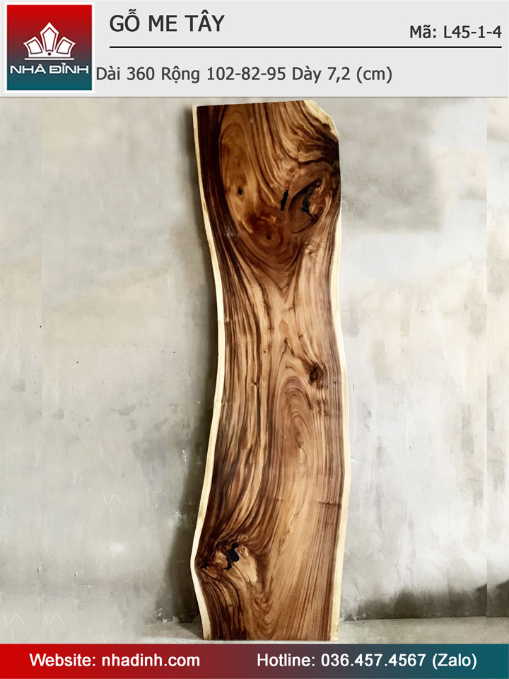 Mặt Bàn Gỗ Me Tây Nguyên Khối Dài 360 Rộng 102-82-95 Dày 7,2 (cm)