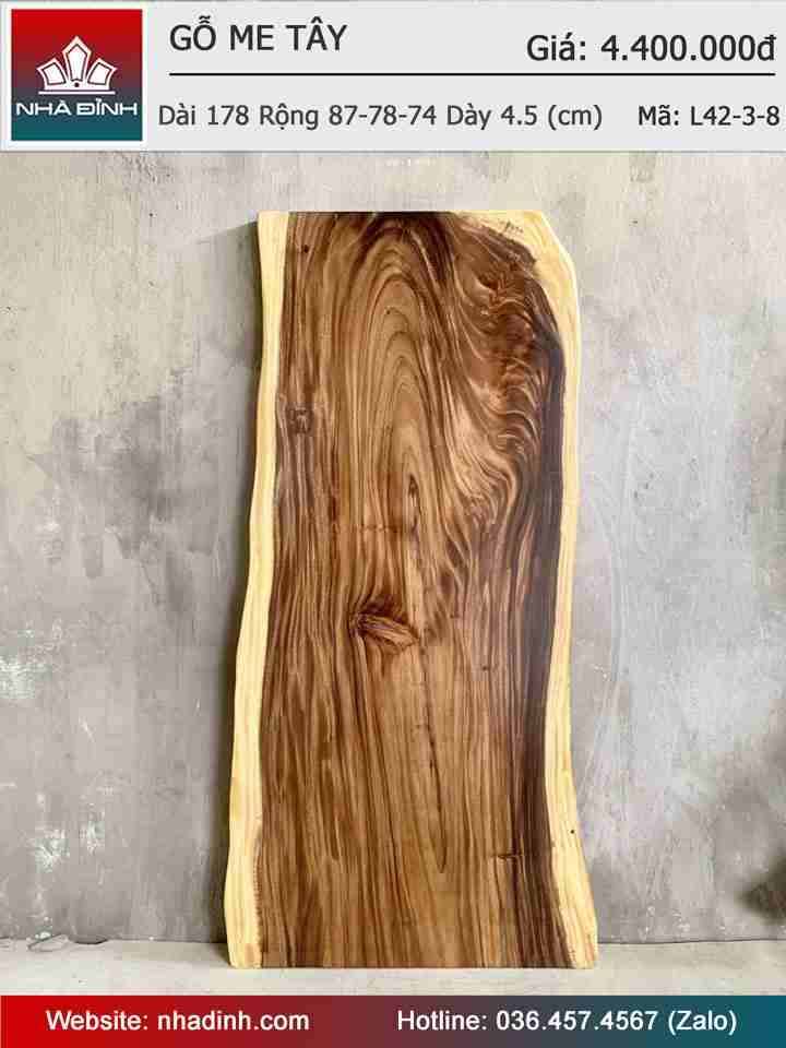 Mặt Bàn Gỗ Me Tây Nguyên Khối Dài 178 Rộng 87-78-74 Dày 4,5 (cm)
