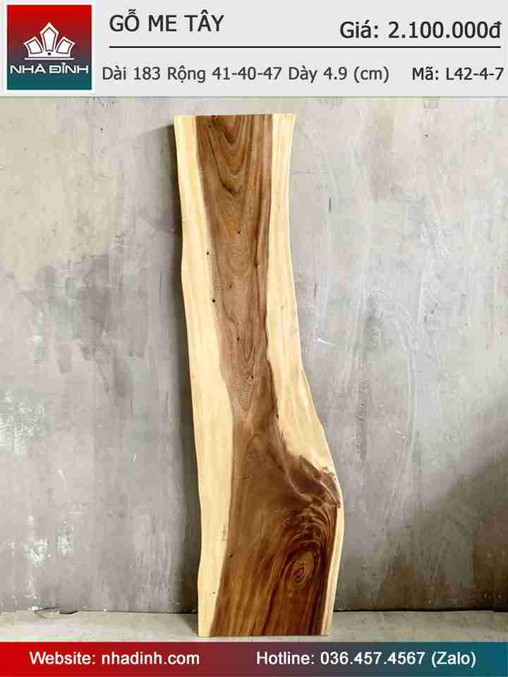 Mặt Bàn Gỗ Me Tây Nguyên Khối Dài 183 Rộng 41-40-47 Dày 4.9 (cm)