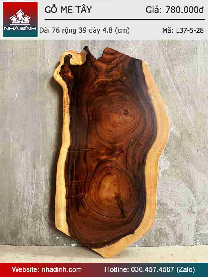 Mặt Bàn Thớt Gỗ Me Tây Nguyên Khối Dài 76 Rộng 39 Dày 4,8 (cm)