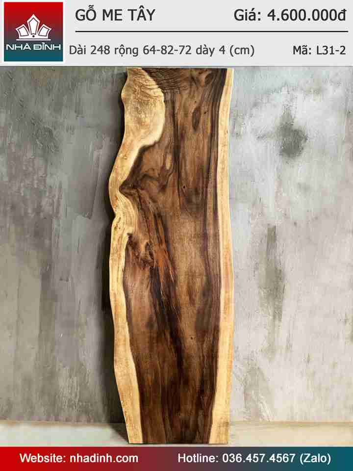 Mặt Bàn Ăn Gỗ Me Tây Nguyên Khối Dài 248 Rộng 64-82-71 Dày 4 (cm)