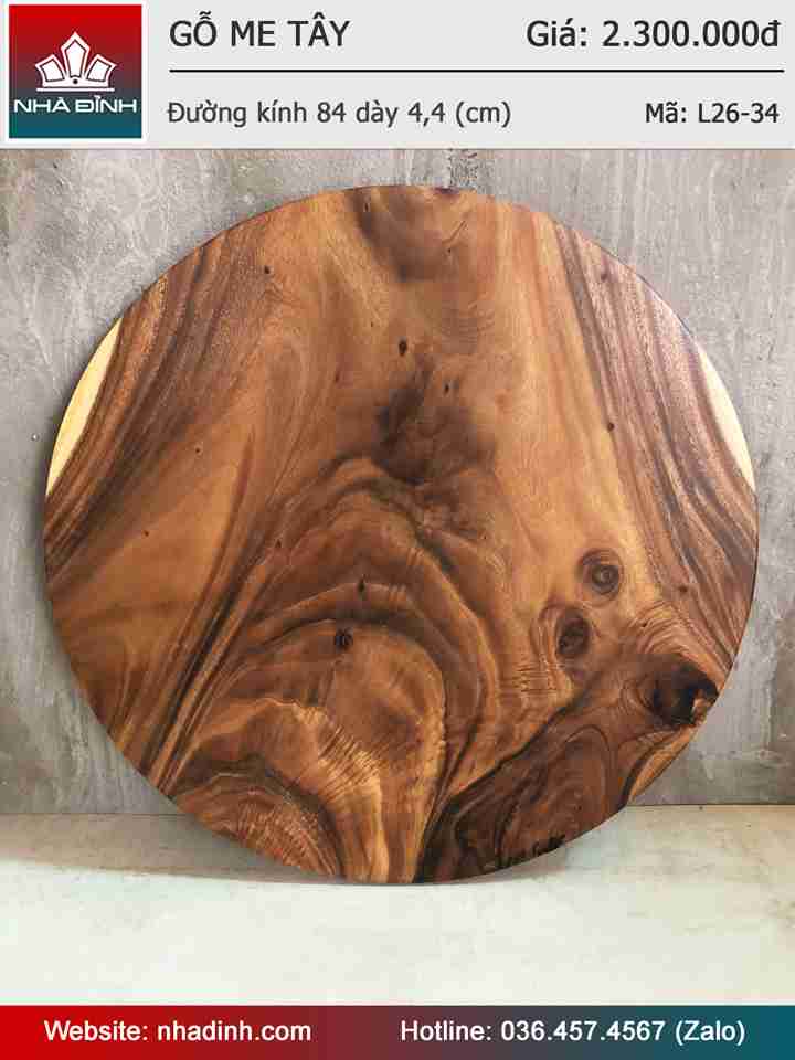 Mặt Bàn Tròn Gỗ Me Tây Nguyên Khối Đường Kính 84 Dày 4,4 (cm)