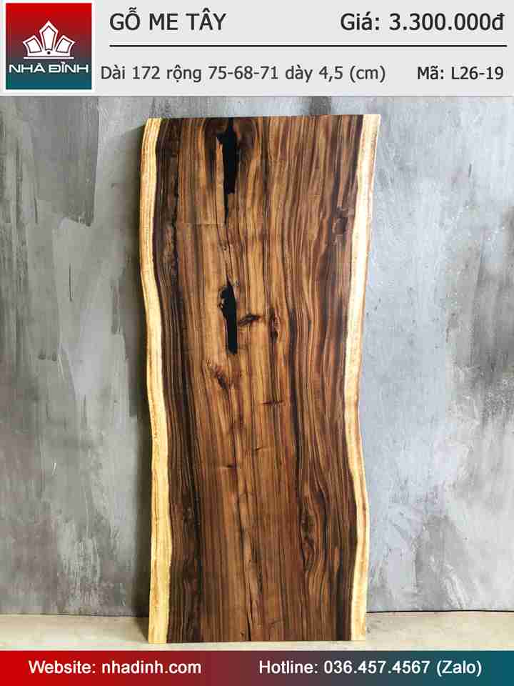 Mặt Bàn Gỗ Me Tây Nguyên Khối Dài 172 Rộng 75-68-71 Dày 4,5 (cm)