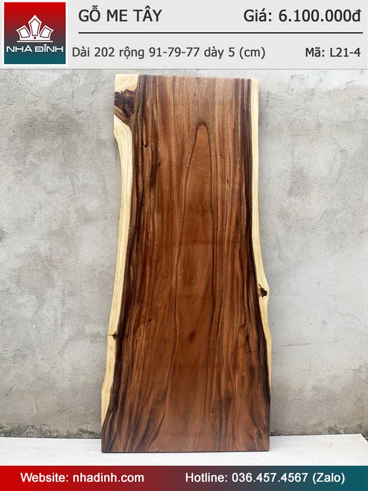 Mặt Bàn Gỗ Me Tây Nguyên Khối Dài 202 Rộng 91-79-77 Dày 5 (cm)