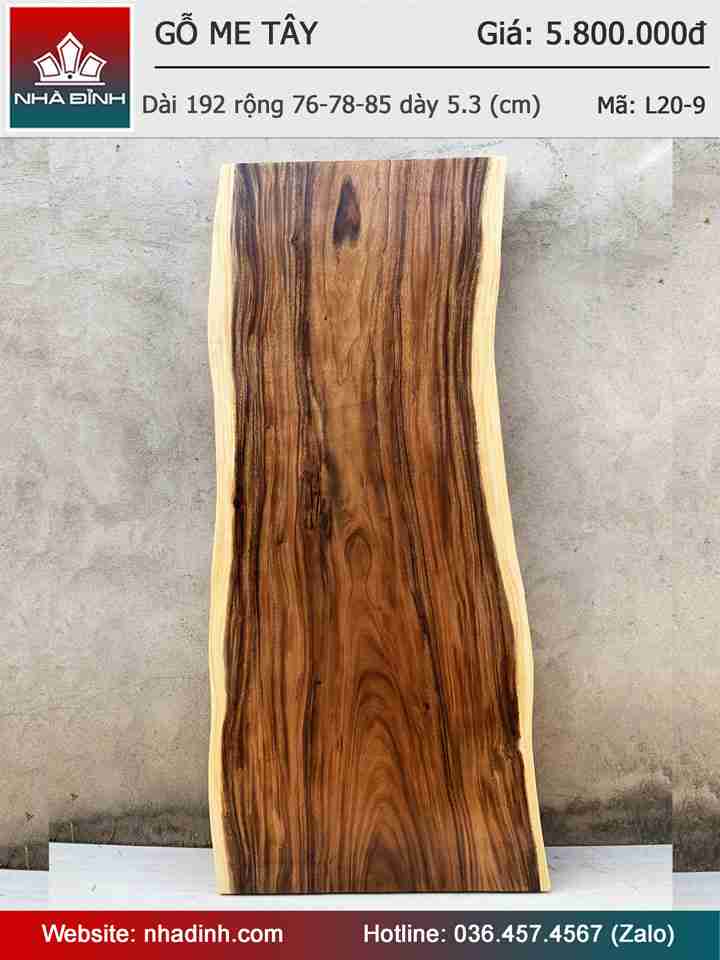 Mặt Bàn Gỗ Me Tây Nguyên Khối Dài 192 Rộng 76-78-85 Dày 5.3 (cm)