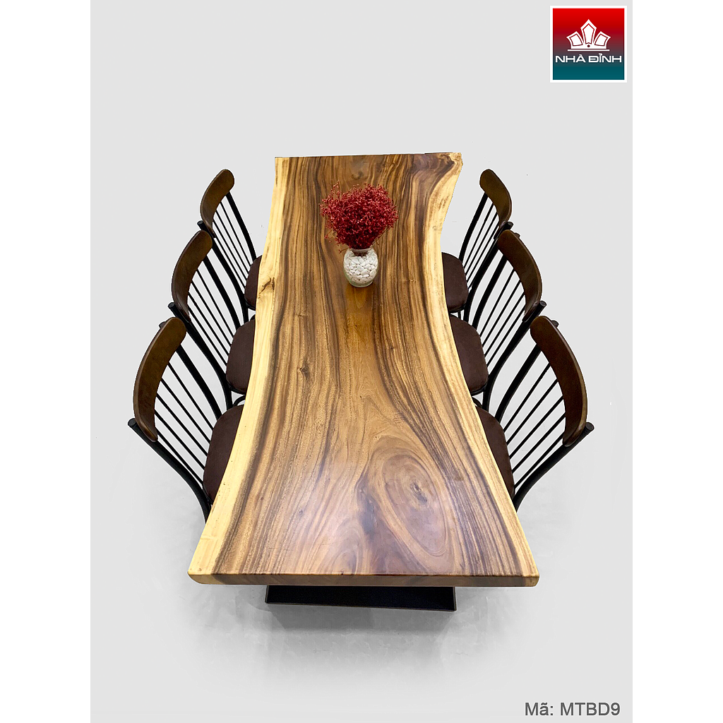 Bộ Bàn 6 Ghế Gỗ Me Tây Nguyên Khối Dài 209 Rộng 79-68-91 Dày 6 Cao 75 (cm)