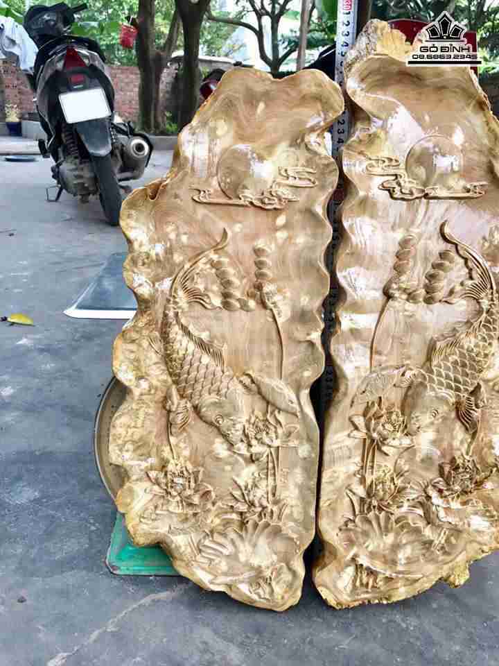 Tranh cá chép gỗ nu nghiến  2