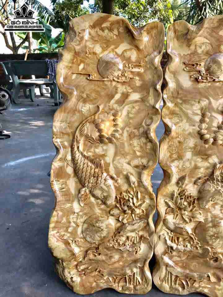 Lý ngư vọng nguyệt gỗ nu nghiến  1