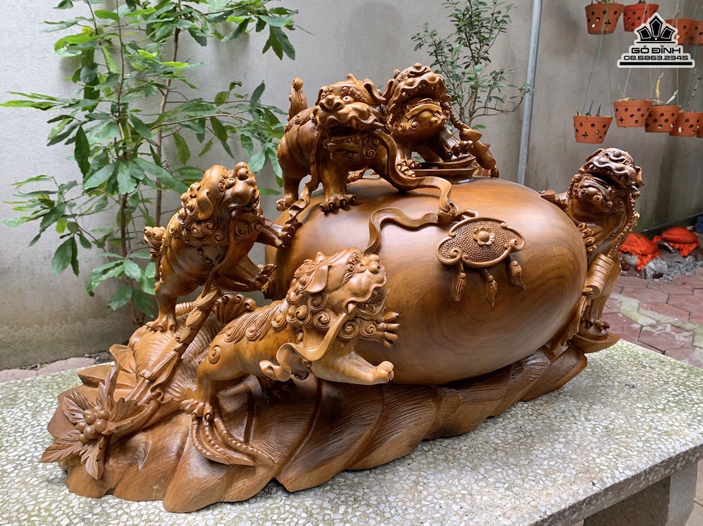 Tượng Ngũ Nghê Gỗ Bách Xanh Cao 50 Ngang 86 Sâu 56 (cm) 0