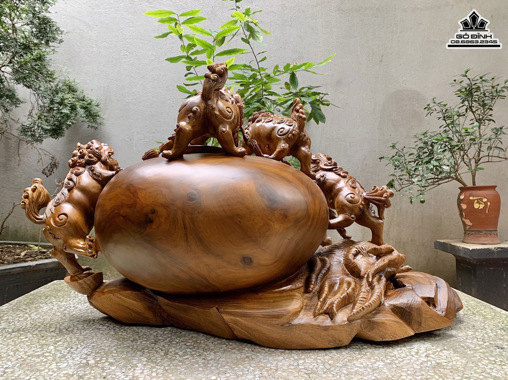 Tượng Ngũ Nghê Gỗ Bách Xanh Cao 50 Ngang 86 Sâu 56 (cm)