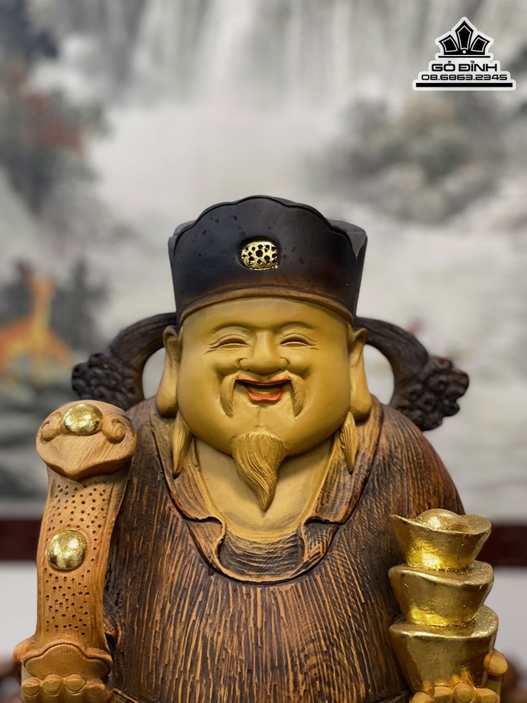 Tượng Thần Tài Gỗ Pơ Mu Cao 68 Ngang 28 Sâu 18 (cm)