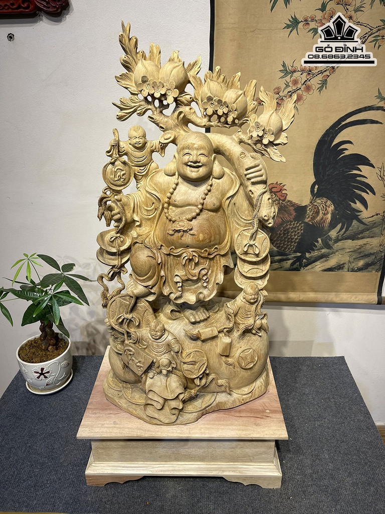 Tượng Phật Di Lặc Vác Cành Đào Gỗ Bách Xanh Cao 75 Ngang 39 Sâu 25 (cm)3