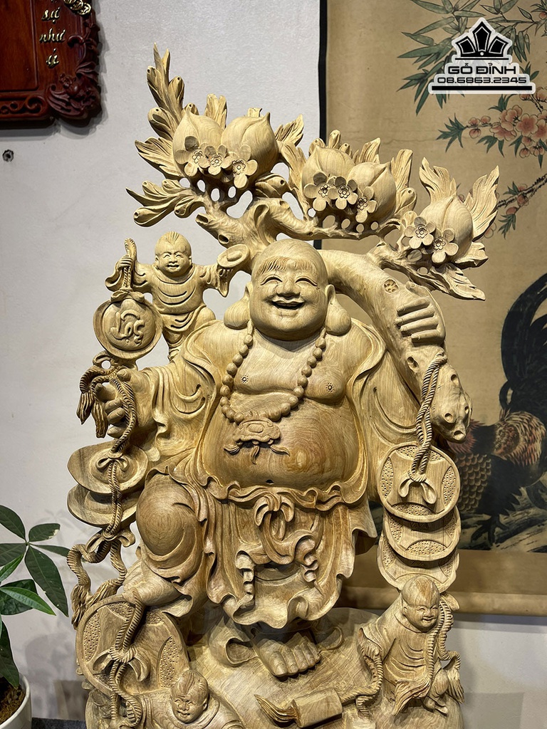 Tượng Phật Di Lặc Vác Cành Đào Gỗ Bách Xanh Cao 75 Ngang 39 Sâu 25 (cm) 6