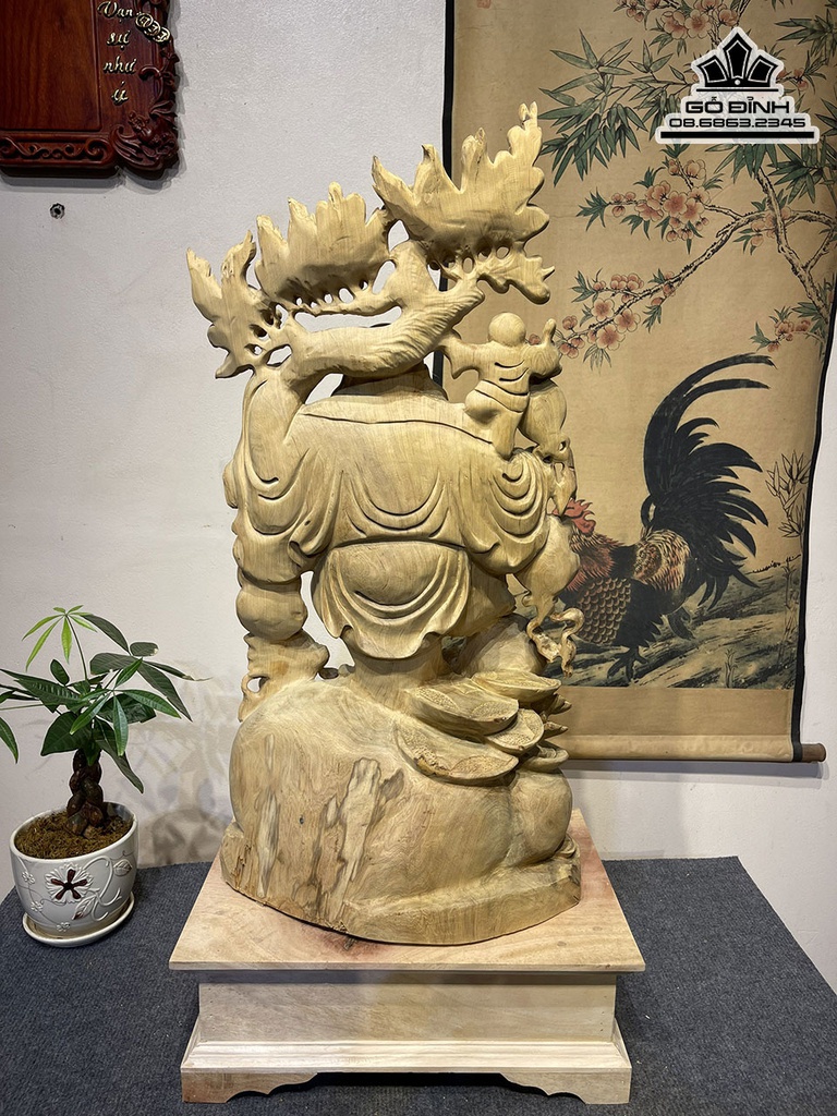 Tượng Phật Di Lặc Vác Cành Đào Gỗ Bách Xanh Cao 75 Ngang 39 Sâu 25 (cm) 7