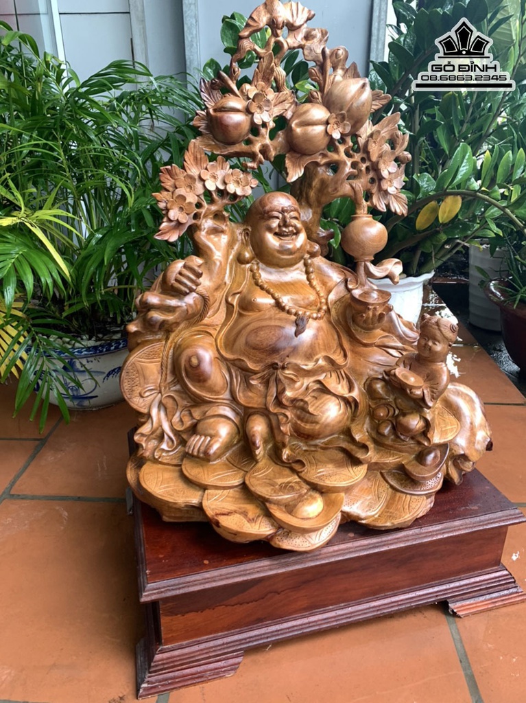 Tượng Phật Di Lặc Vác Cành Đào Gỗ Hương Việt Cao 86 Ngang 58 Sâu 42 Cả Kỷ 102 (cm) 1