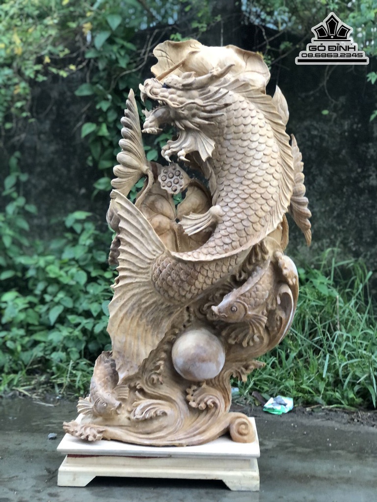 Tượng Cá Chép Hóa Rồng Gỗ Ngọc Am Cao 90 Ngang 43 Sâu 24 (cm) 1