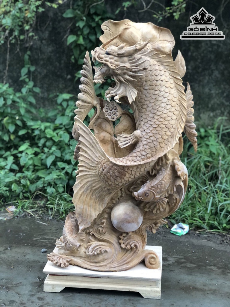 Tượng Cá Chép Hóa Rồng Gỗ Ngọc Am Cao 90 Ngang 43 Sâu 24 (cm) 2