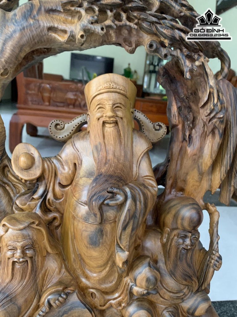 Tượng Phúc Lộc Thọ (Tam Đa) Gỗ Bách Xanh Cao 68 Ngang 48 Sâu 19 (cm) 2