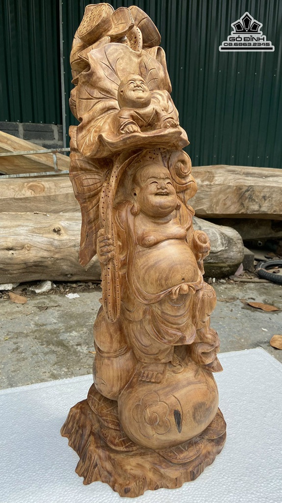 Tượng Phật Di Lặc Cầm Lá Sen Gỗ Ngọc Am Cao 70 Ngang 24 Sâu 22 (cm) 3