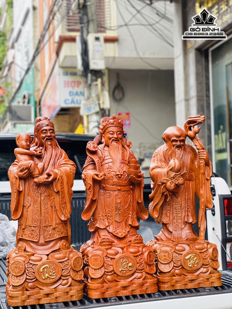 Tượng Phúc Lộc Thọ (Tam Đa) Gỗ Hương Đá Cao 80 Ngang 31 Sâu 27 (cm) 2