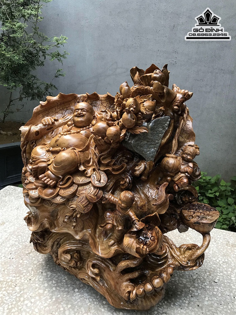 Tương Phật Di Lặc Ngồi Lá Sen Gỗ Bách Xanh Cao 60 Ngang 55 Sâu 40 (cm) 1