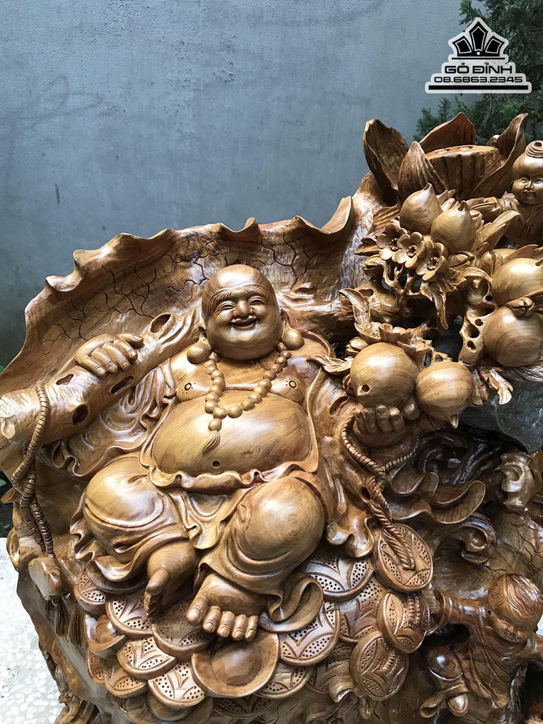 Tương Phật Di Lặc Ngồi Lá Sen Gỗ Bách Xanh Cao 60 Ngang 55 Sâu 40 (cm) 3