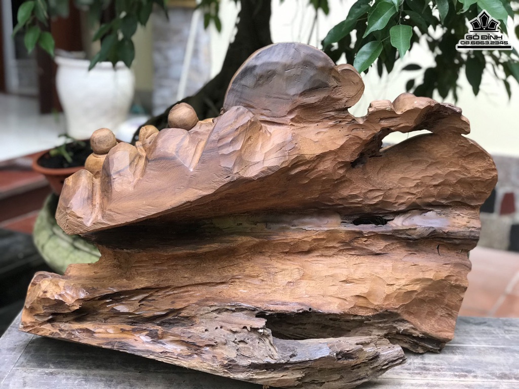 Tượng Phật Di Lặc Kéo Bao Tiền Gỗ Bách Xanh Cao 52.5 Ngang 76 Sâu 35 (cm) 0