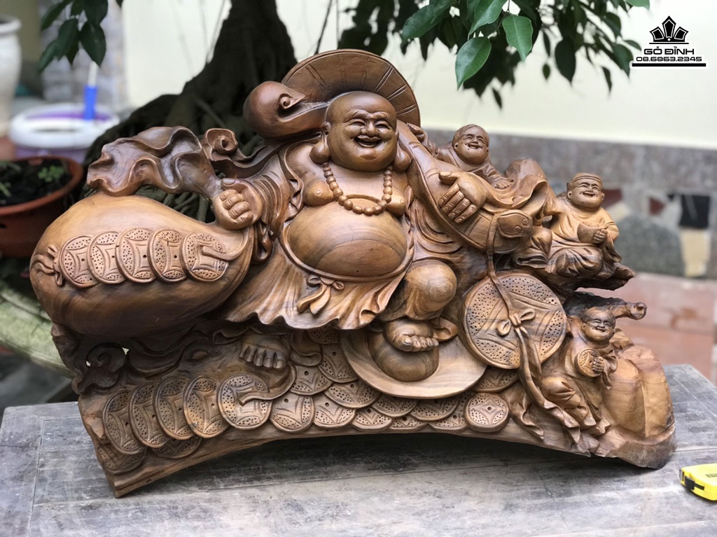 Tượng Phật Di Lặc Kéo Bao Tiền Gỗ Bách Xanh Cao 52.5 Ngang 76 Sâu 35 (cm) 5