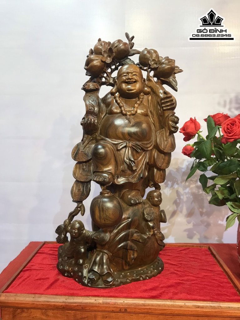 Tượng Phật Di Lặc Vác Cành Đào Gỗ Bách Xanh Cao 66 Ngang 30 Sâu 22 (cm) 1