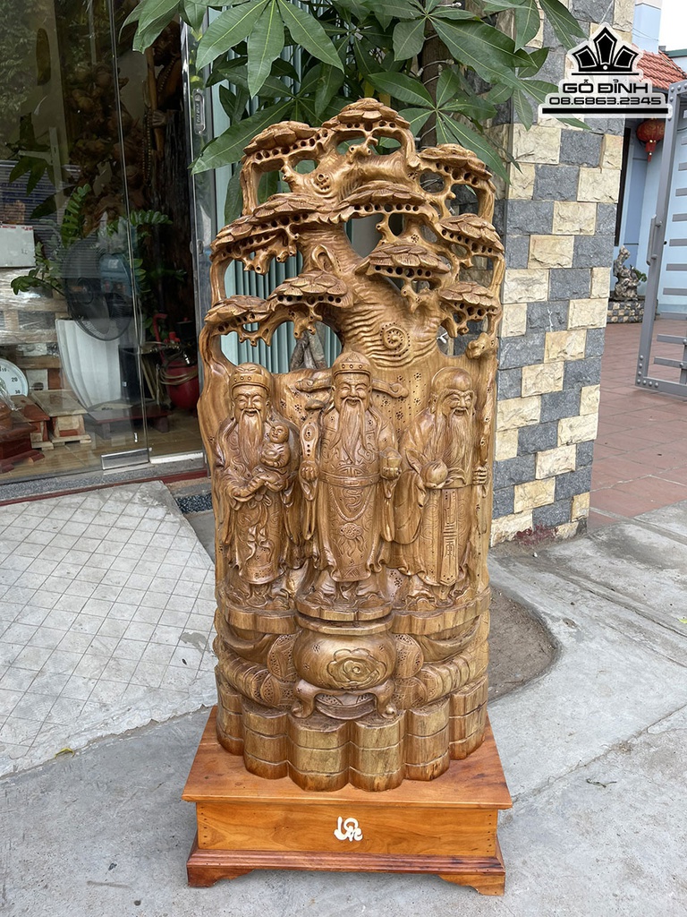 Tượng Phúc Lộc Thọ (Tam Đa) Gỗ Xá Xị (Gù Hương) Cao 98 Ngang 46 Sâu 16 Cả Kỷ 115 (cm) 0