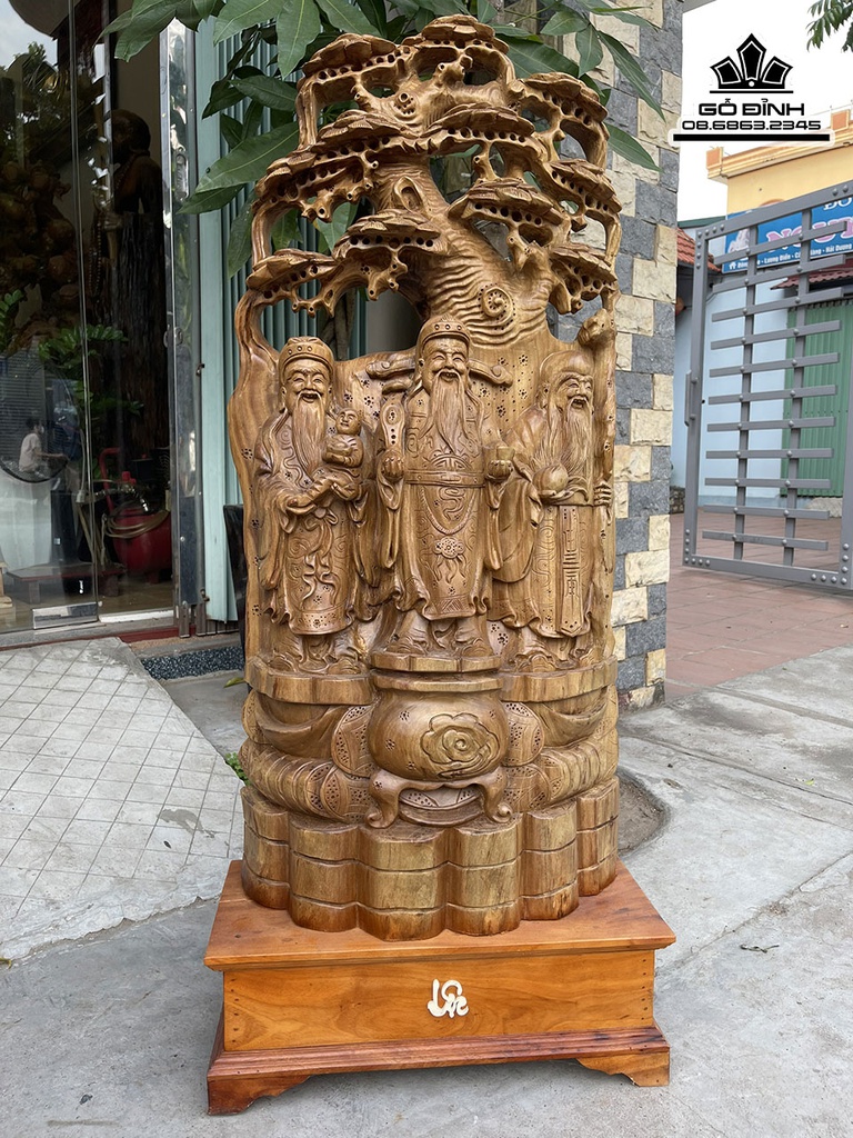 Tượng Phúc Lộc Thọ (Tam Đa) Gỗ Xá Xị (Gù Hương) Cao 98 Ngang 46 Sâu 16 Cả Kỷ 115 (cm) 2