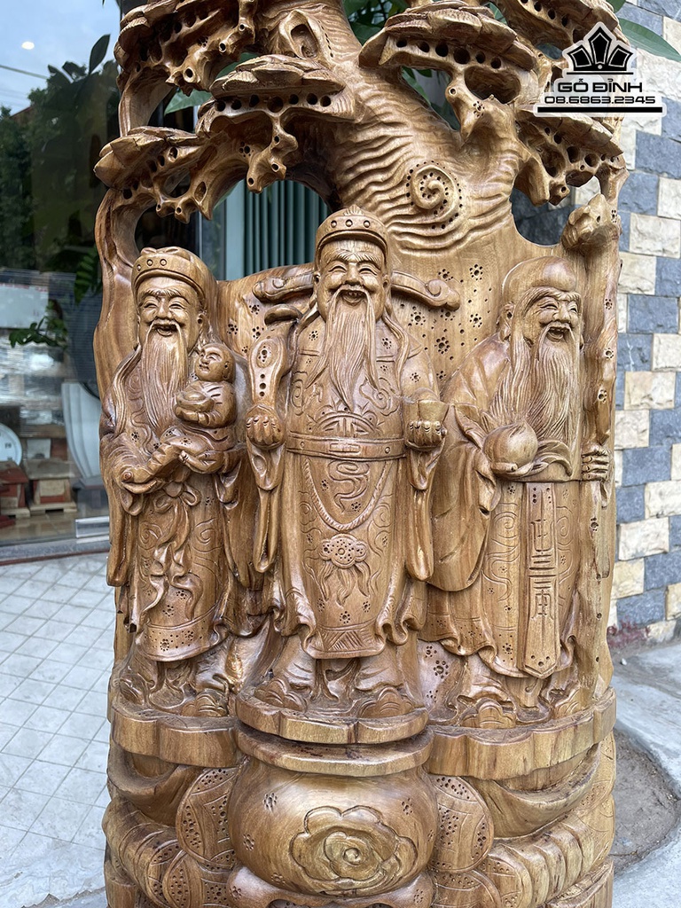 Tượng Phúc Lộc Thọ (Tam Đa) Gỗ Xá Xị (Gù Hương) Cao 98 Ngang 46 Sâu 16 Cả Kỷ 115 (cm) 3