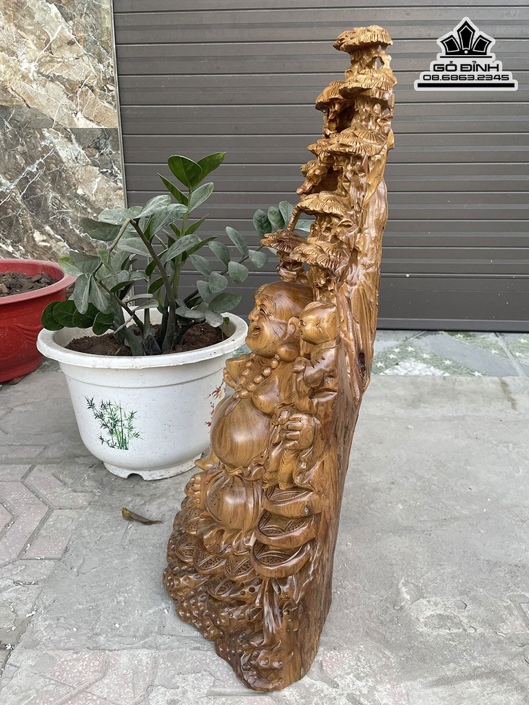 Tượng Phật Di Lặc Ngồi Gốc Tùng Gỗ Bách Xanh Cao 62 Ngang 36 Sâu 20 (cm) 0