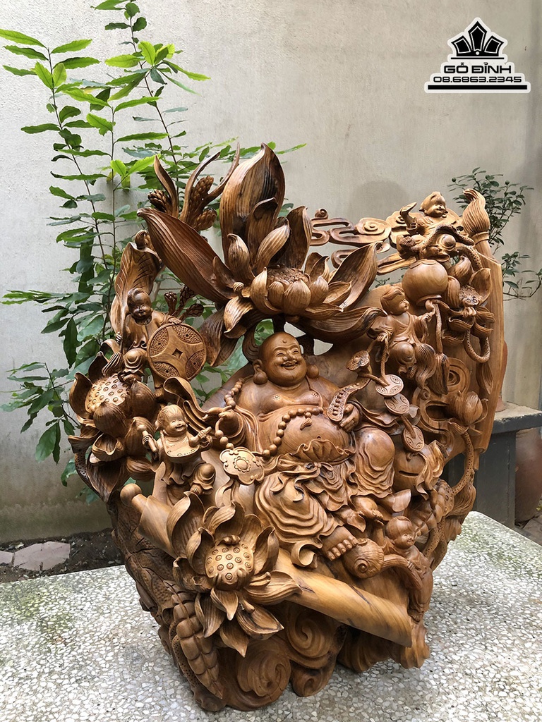 Tượng Phật Di Lặc Ngồi Đài Sen Gỗ Bách Xanh Cao 75 Ngang 72 Sâu 35 (cm) 0