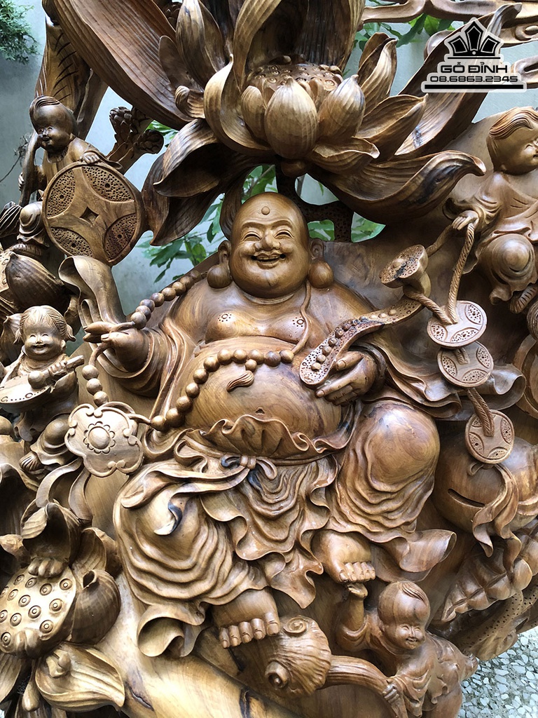 Tượng Phật Di Lặc Ngồi Đài Sen Gỗ Bách Xanh Cao 75 Ngang 72 Sâu 35 (cm) 2