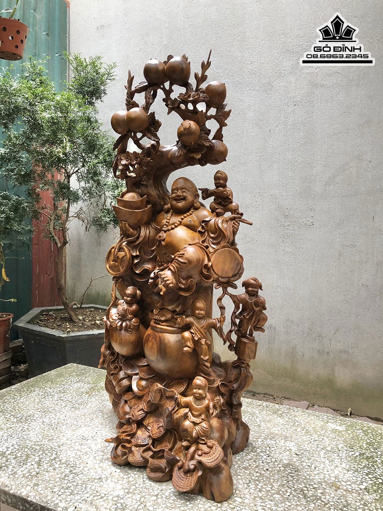 Tượng Phật Di Lặc Đứng Gốc Tùng Gỗ Xá Xị (Gù Hương) Cao 100 Ngang 45 Sâu 30 (cm) 1