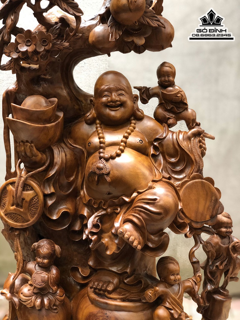 Tượng Phật Di Lặc Đứng Gốc Tùng Gỗ Xá Xị (Gù Hương) Cao 100 Ngang 45 Sâu 30 (cm) 2