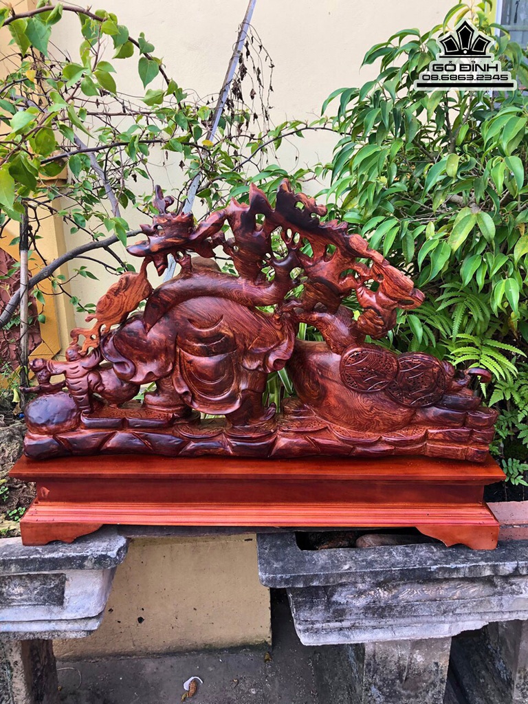 Tượng Phật Di Lặc Kéo Bao Tiền Gỗ Cẩm Cao 39 Ngang 68 Sâu 13 Cả Kỷ 52 (cm) 1