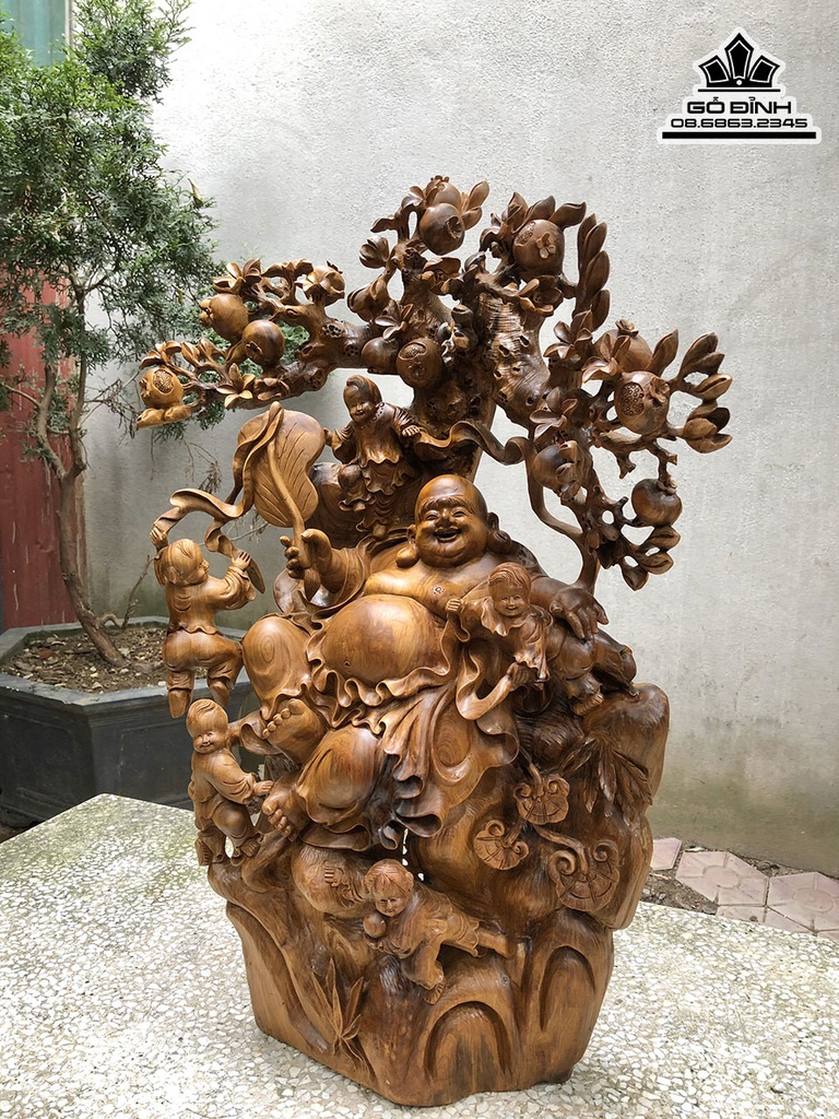 Tượng Phật Di Lặc Ngồi Gốc Đào Gỗ Bách Xanh Cao 75 Ngang 55 Sâu 28 (cm) 1