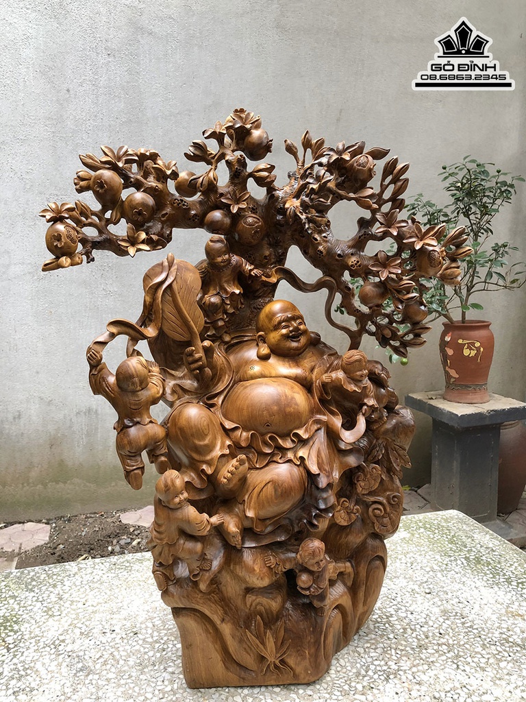 Tượng Phật Di Lặc Ngồi Gốc Đào Gỗ Bách Xanh Cao 75 Ngang 55 Sâu 28 (cm) 2