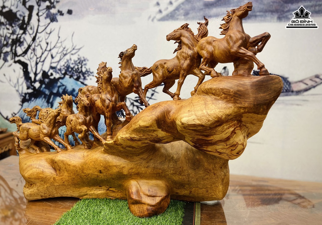 Tượng Ngựa Phong Thủy (Bát Mã) Gỗ Hương Cao 72 Ngang 120 Sâu 50 (cm)