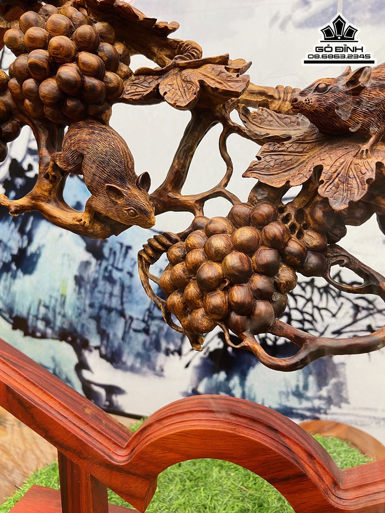 Tượng Song Nho Gỗ Sưa Cao 59 Ngang 60 Sâu 12 (cm)