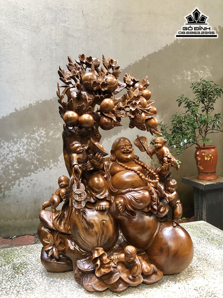 Tượng Phật Di Lặc Ngồi Gốc Tùng Gỗ Xá Xị (Gù Hương) Cao 80 Ngang 52 Sâu 30 (cm) 2