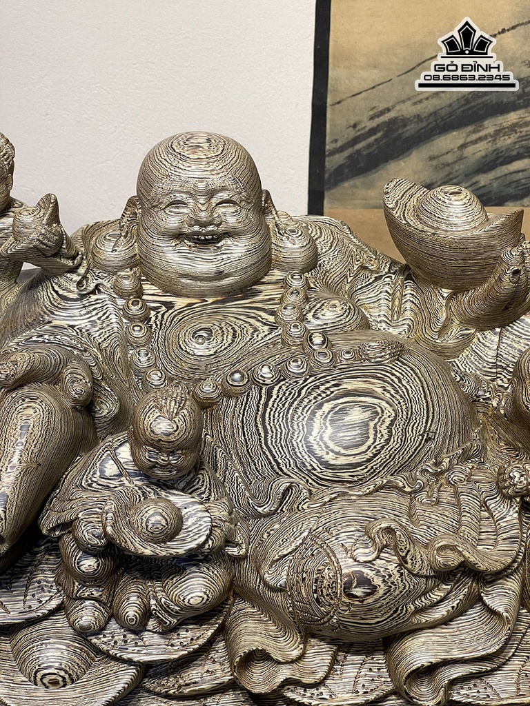 Tượng Phật Di Lặc Ngũ Phúc Gỗ Mun Cao 28 Ngang 60 Sâu 28 (cm)