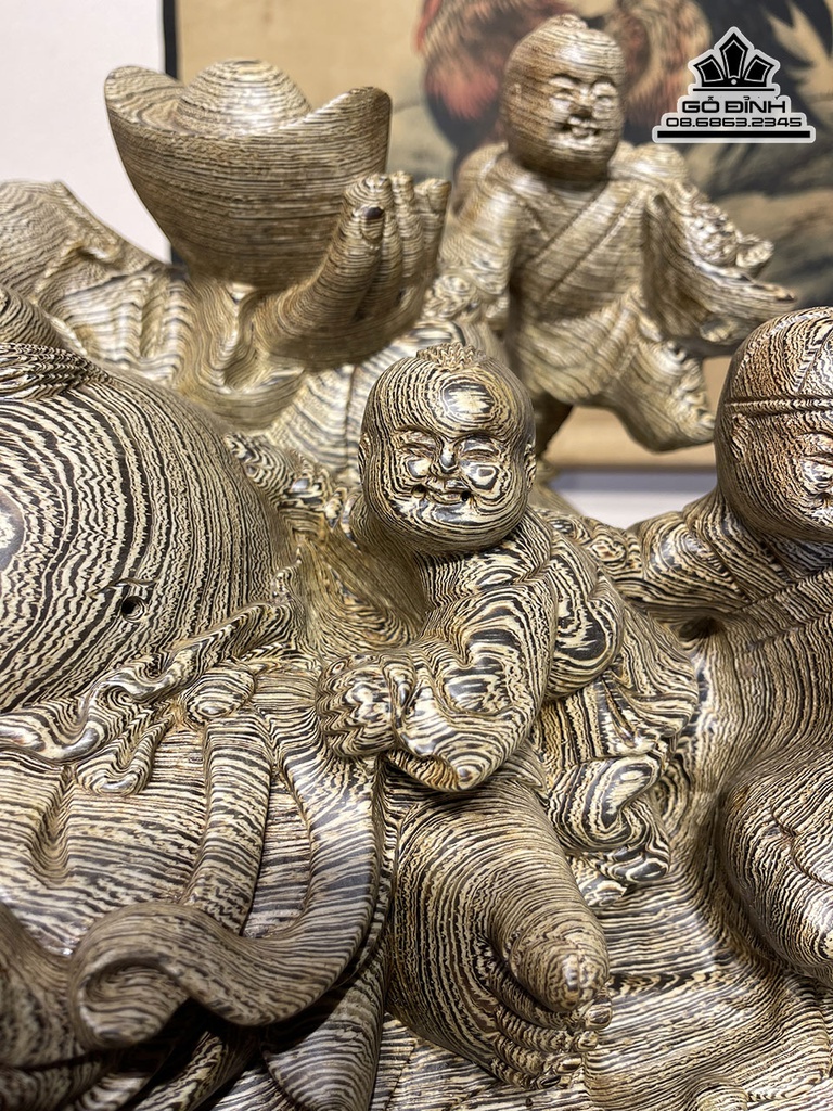 Tượng Phật Di Lặc Ngũ Phúc Gỗ Mun Cao 28 Ngang 60 Sâu 28 (cm)