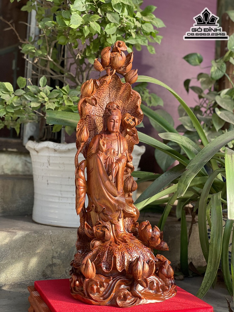 Tượng Phật Bà Quan Âm Gỗ Sưa Cao 60 Ngang 25 Sâu 22 (cm) 3