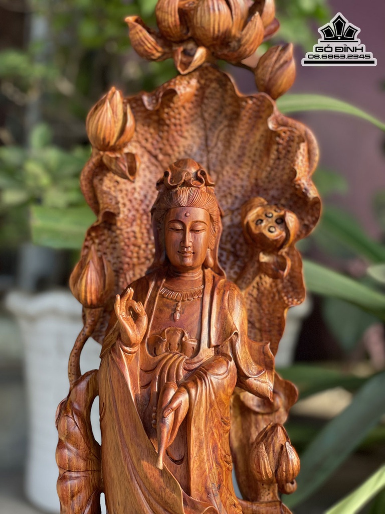 Tượng Phật Bà Quan Âm Gỗ Sưa Cao 60 Ngang 25 Sâu 22 (cm)