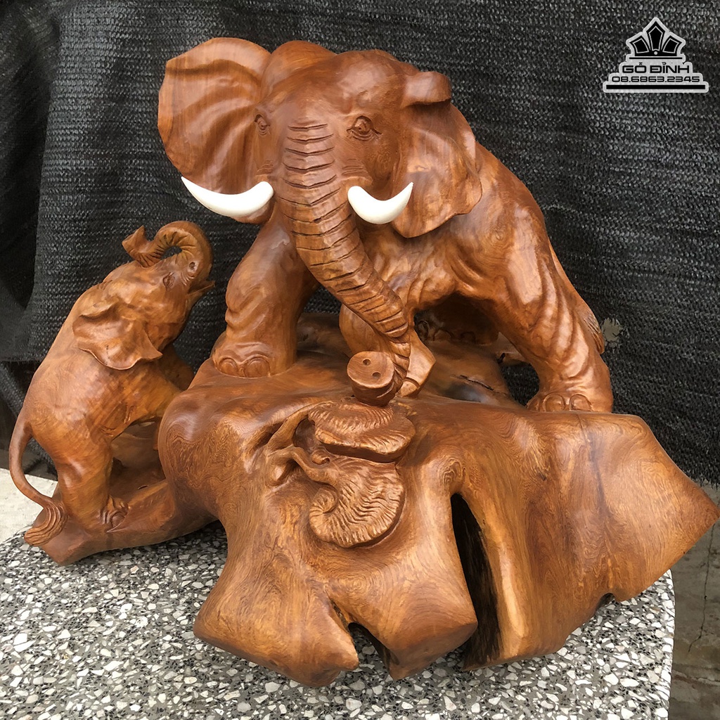 Tượng Voi Mẫu Tử Gỗ Hương Việt Cao 46 Ngang 60 Sâu 46 (cm) 1