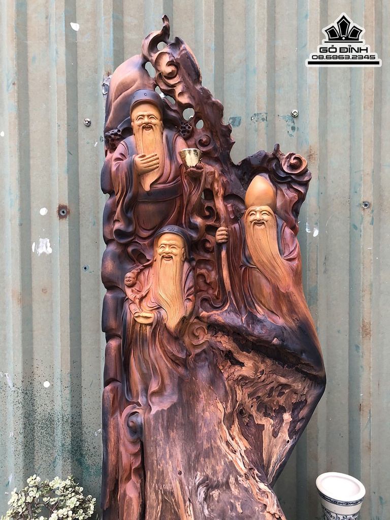 Tượng Phúc Lộc Thọ (Tam Đa) Gỗ Bách Xanh Cao 99 Ngang 34 Sâu 32 (cm ) 0
